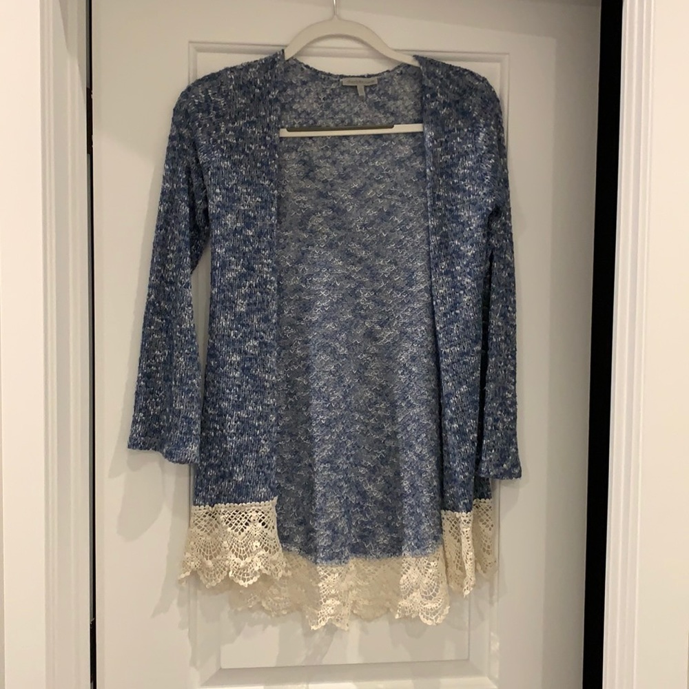 Blue cardigan with crochet trim